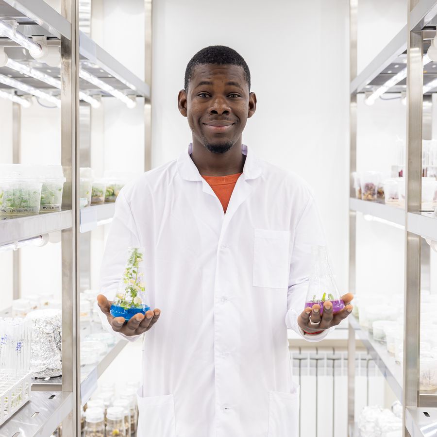 A student holding plantlets in a biotechnology lab